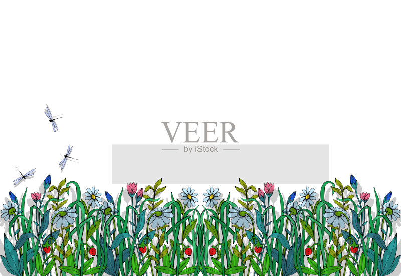 绿色的草和花，蜻蜓和昆虫正版插画素材
