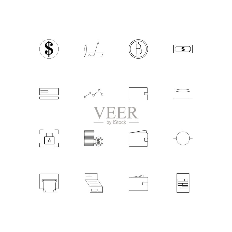 银行，金融和金钱简单的线性图标集。概述了矢量图标图标素材