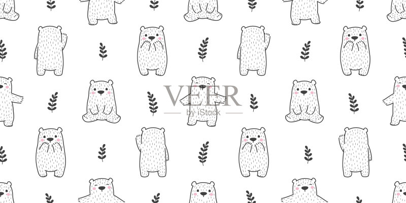 熊无缝图案北极熊熊猫树叶森林涂鸦矢量孤立重复背景墙纸正版插画素材