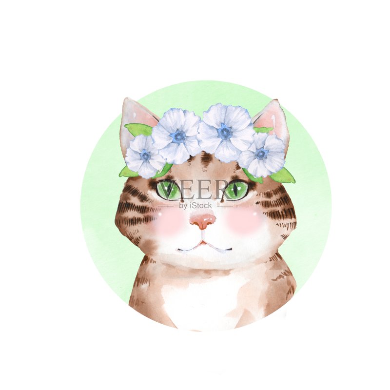 可爱的卡通猫在花环。水彩正版插画素材