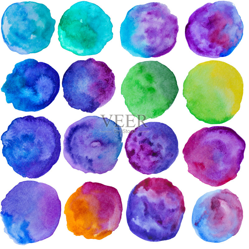 收集水彩圆型图案。一组彩色的圆圈。正版插画素材