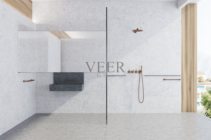 白色全景浴室，水槽和淋浴正版图片素材