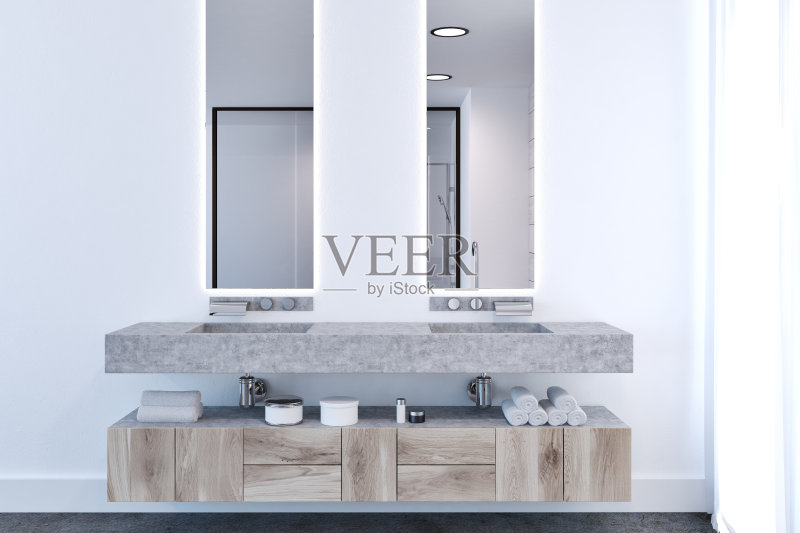 白色浴室内部，双水槽正版图片素材