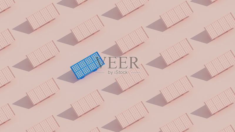 蓝色太阳能电池板的背景相同的粉红色太阳能电池板。3 d渲染插图。正版图片素材