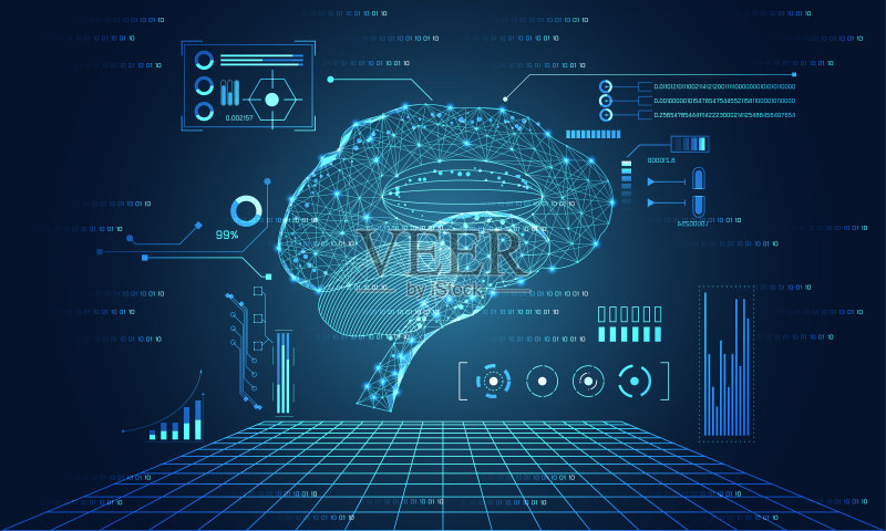 抽象技术UI未来概念脑hud界面全息图元素的数字数据图表，通信，计算和圆百分比创新的高科技未来设计背景正版插画素材