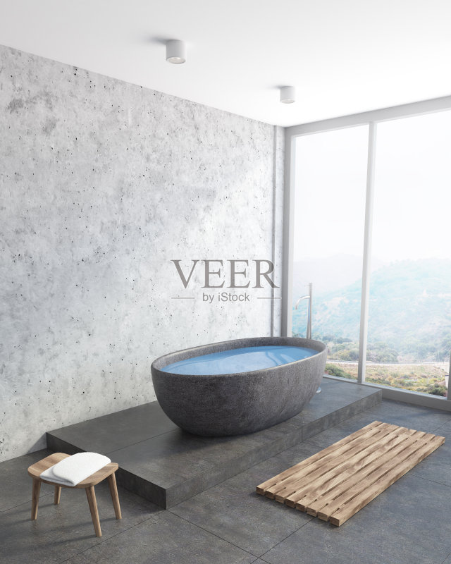 现代浴室角落，深灰色浴缸正版图片素材