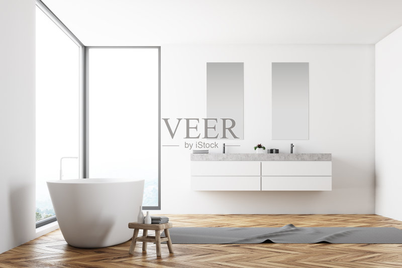 全景白色浴室，双水槽正版图片素材