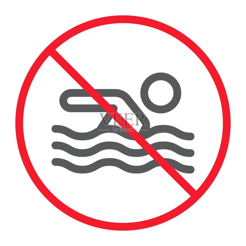 禁止游泳线性图标，禁止标志矢量图形，白色背景上的线性图案，eps 10图标素材