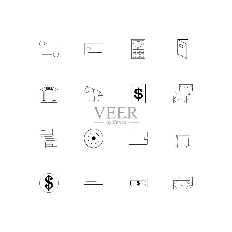银行，金融和金钱简单的线性图标集。概述了矢量图标图标素材