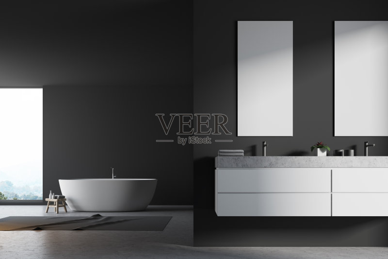 全景灰色浴室，双水槽近距离正版图片素材