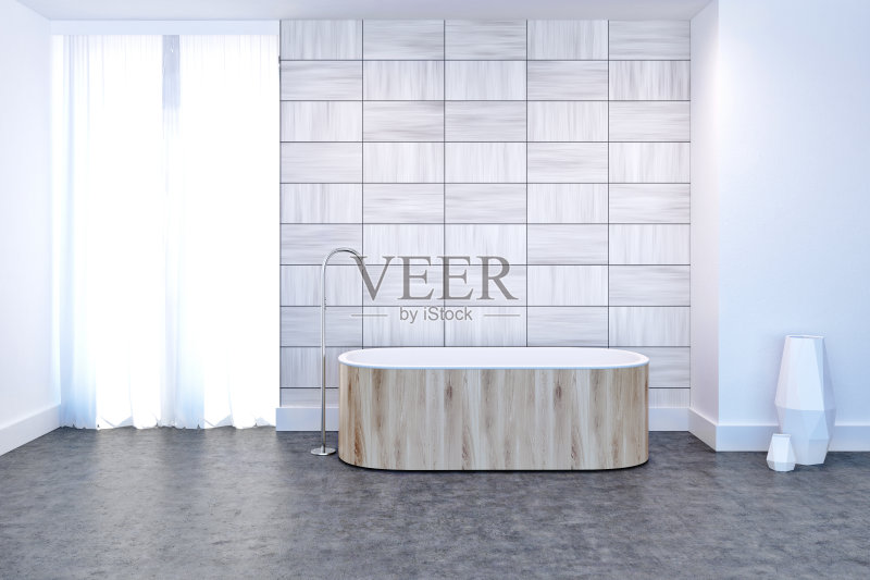 现代浴室内饰，木制浴缸正版图片素材