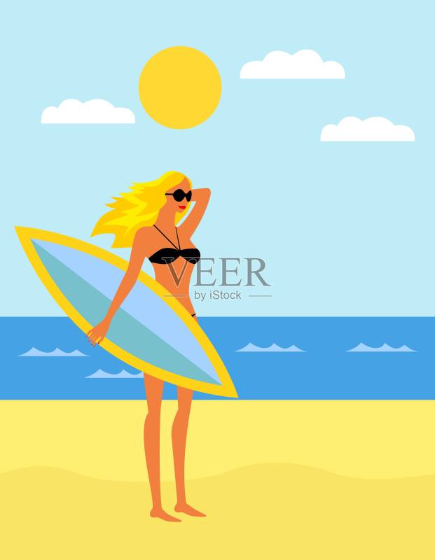夏季背景与大海，海滩，冲浪板。正版插画素材
