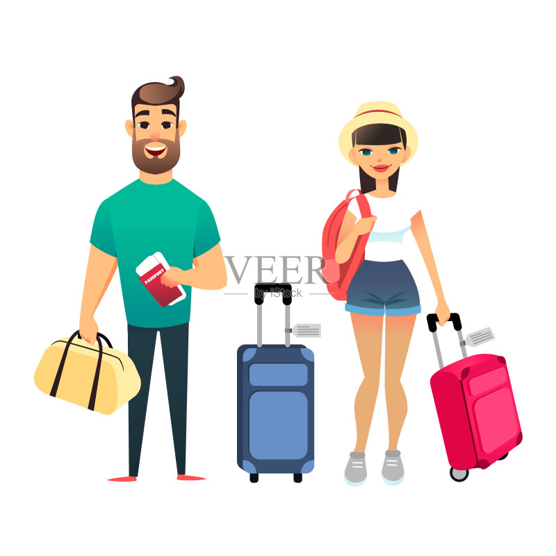 人们在等飞机或火车。卡通男男女女一起旅行。年轻的卡通夫妇带着行李去度假。男人拿着机票和护照，女孩拿着背包。快乐的新婚夫妇去海边度假了正版插画素材