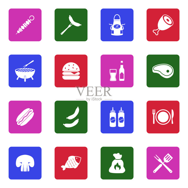烧烤图标，方形白色扁平设计，矢量图图标素材