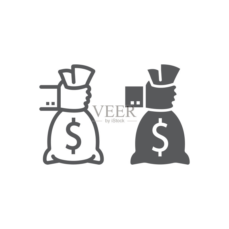 手持金钱线和标志图标，金融银行投资矢量图形，白色背景上的线性图案，eps 10图标素材