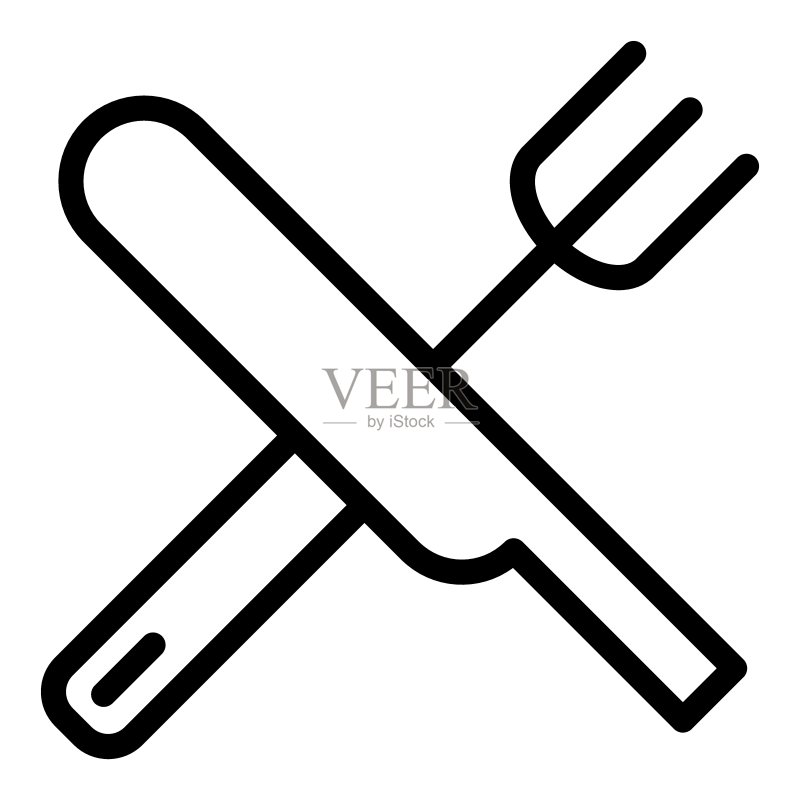 刀叉线条图标。交叉的刀叉矢量图，在白色背景下隔离。餐具轮廓风格设计，专为网页和应用程序设计。Eps 10。图标素材
