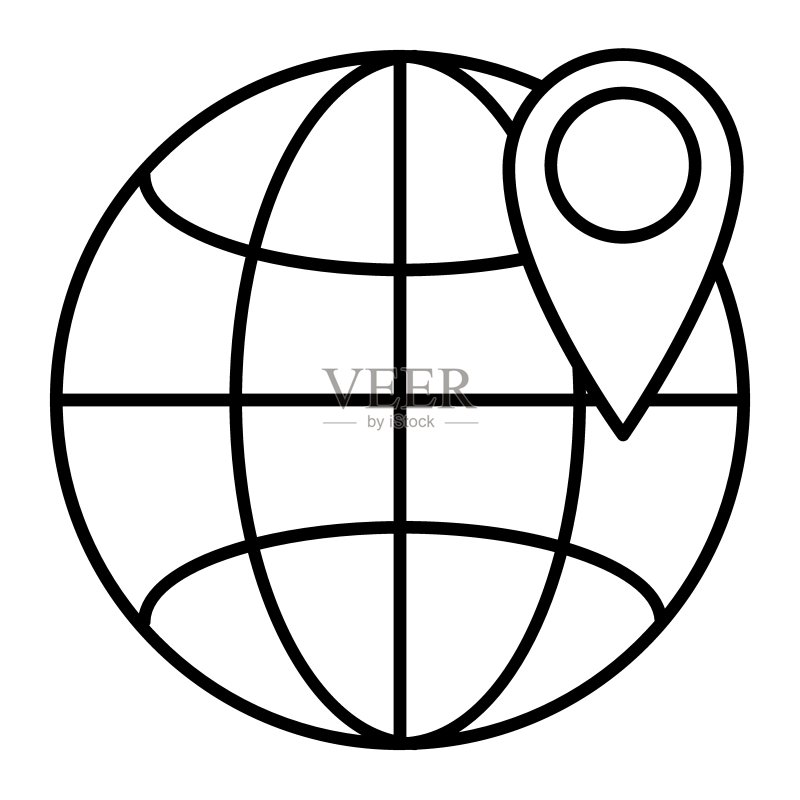 地球定位细线图标。世界地球仪上的GPS矢量图，白色背景。网页和应用程序导航轮廓样式设计。图标素材