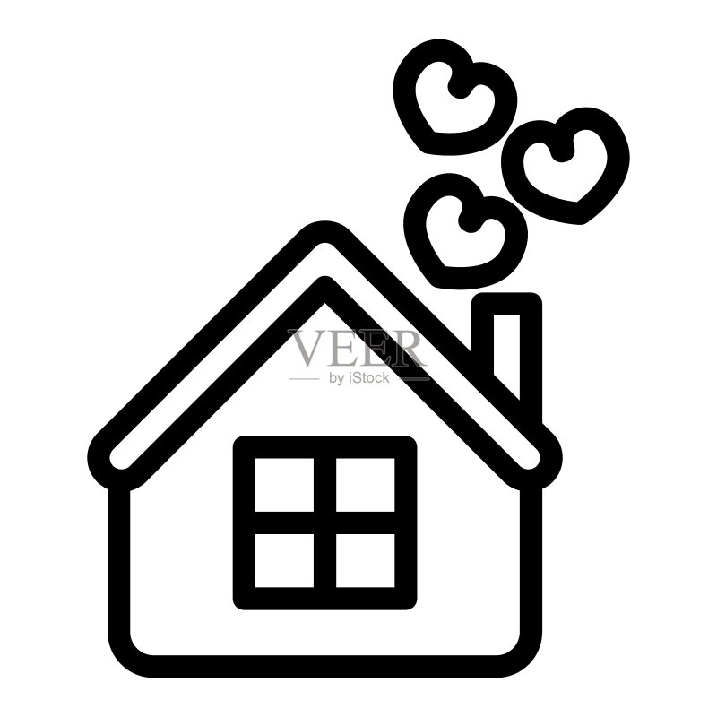 带有心形线条的房屋图标。家庭矢量插图，白色背景。爱心轮廓风格设计，专为网页和应用程序设计。EPS 10。图标素材