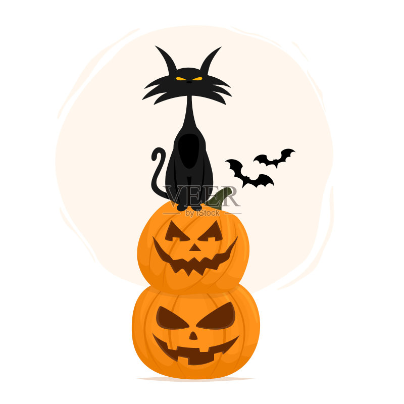 黑猫坐在南瓜上。万圣节矢量插图孤立在白色的背景。正版插画素材