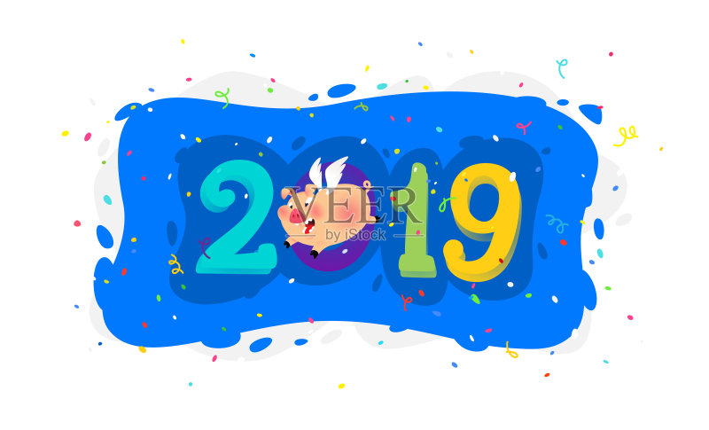 卡通猪的新年插图与题词2019。插图被孤立在白色背景上。可爱的动物猪。中国新年的象征。庆祝的背景。吉祥物。正版插画素材