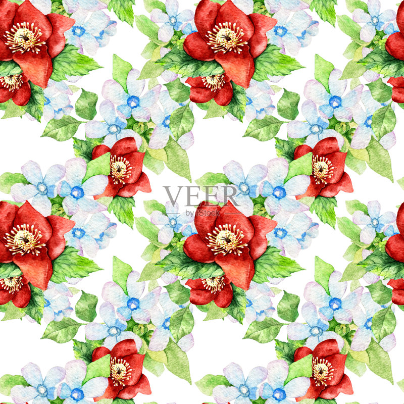 水彩花卉手绘鲜艳无缝图案正版插画素材
