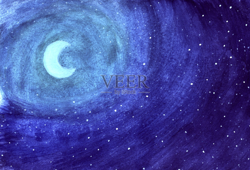 月亮在夜晚的星星在蓝色的水彩背景。正版插画素材