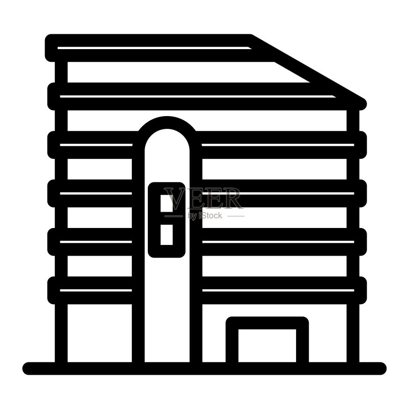 带平屋顶线图标的高层建筑：商务中心矢量图，与白色背景隔离。专为网页和应用程序设计的公寓轮廓样式。图标素材