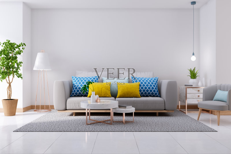 豪华现代的客厅内部，白色地板和白色墙壁上的灰色沙发，3d渲染正版图片素材
