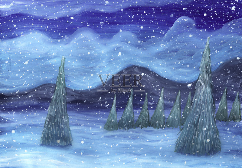 冬天的水粉风景画。雪下降。雪山中的冷杉树在夜晚正版插画素材