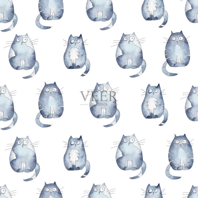 无缝图案与明亮的手绘水彩可爱的猫。正版插画素材