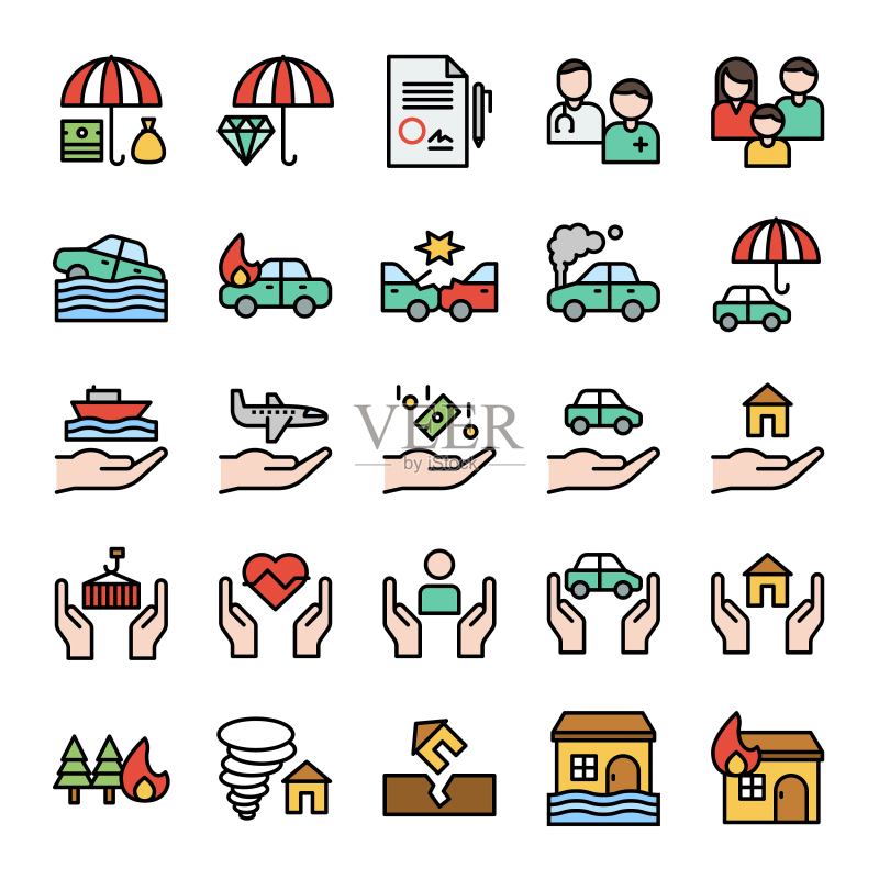 保险相关矢量图标集，可编辑描边风格图标素材