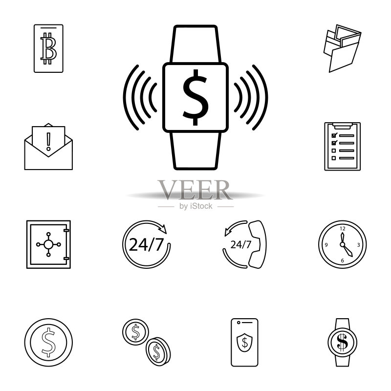 智能手表通知图标：适用于网页和移动设备的移动银行通用图标图标素材