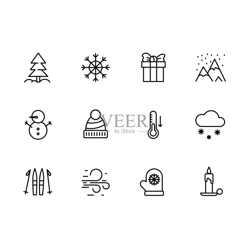 冬季简约线条图标：圣诞树、雪花、礼物、雪山、滑雪、雪人、手套、温度计、蜡烛等图标素材