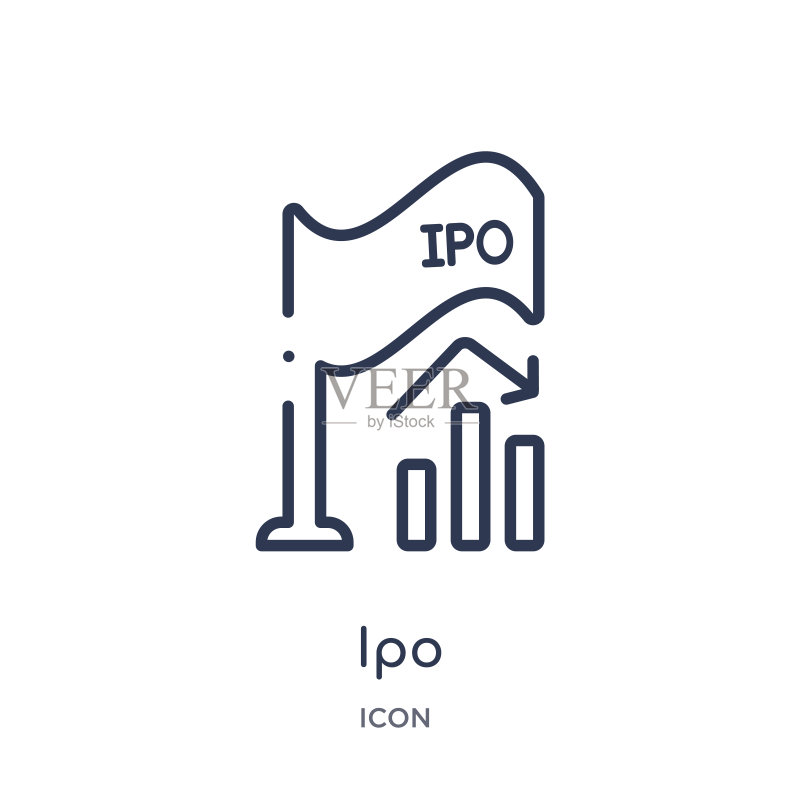 众筹轮廓系列中的线性首次公开募股（IPO）图标。白色背景上隔离的细线IPO矢量。IPO趋势插图图标素材