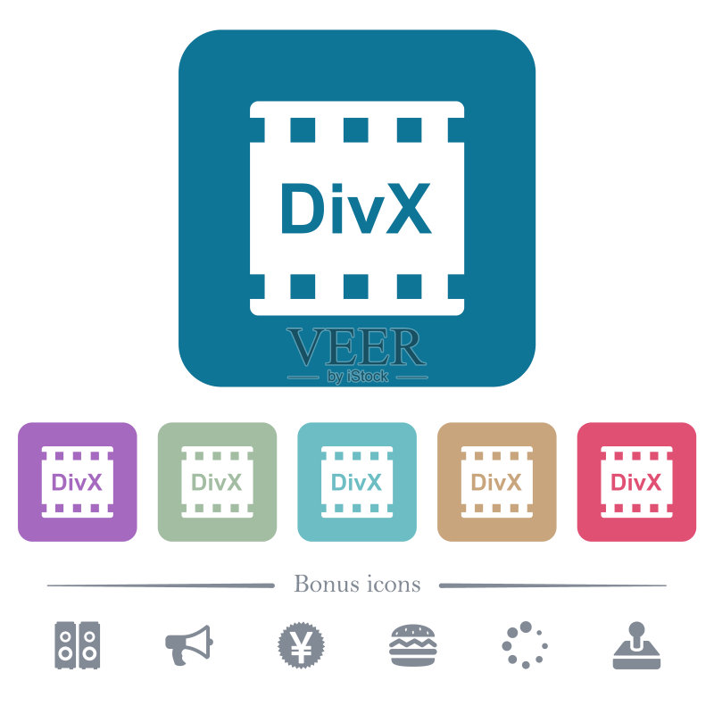 彩色圆角正方形背景上的DivX电影格式扁平图标图标素材