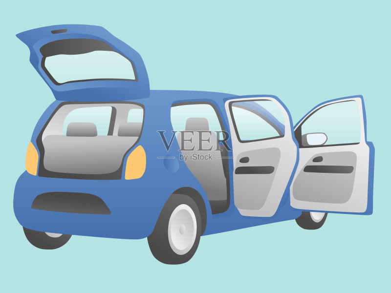 掀背车，打开门和后舱门，矢量插图正版插画素材