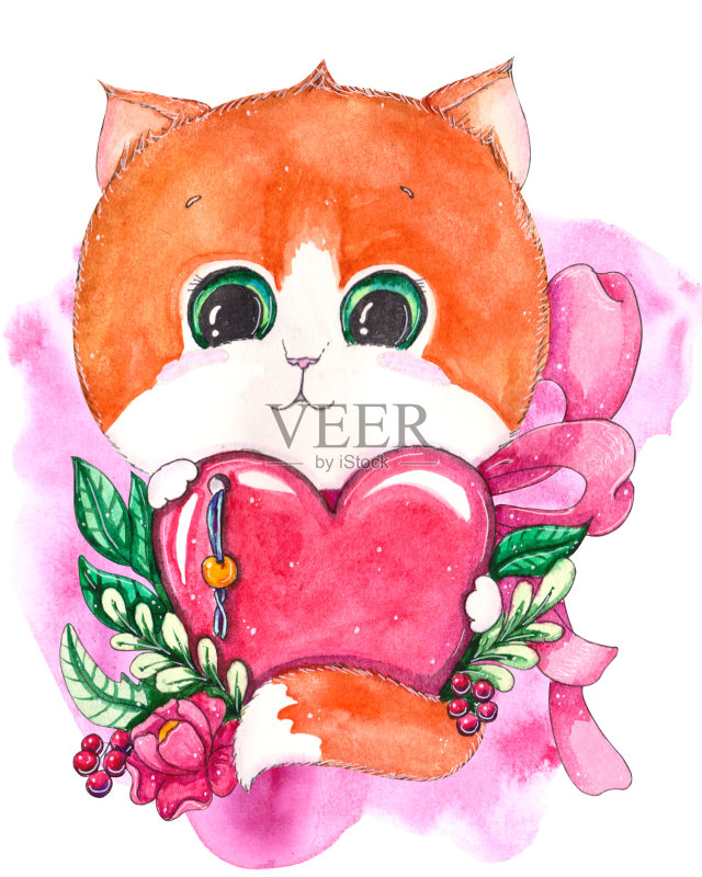 手绘水彩可爱的小猫与心孤立在白色的背景正版插画素材