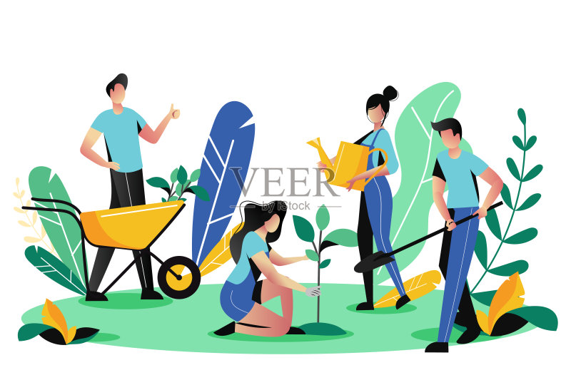 志愿服务，慈善社会理念。志愿者在公园植树，矢量插图。生态生活方式正版插画素材