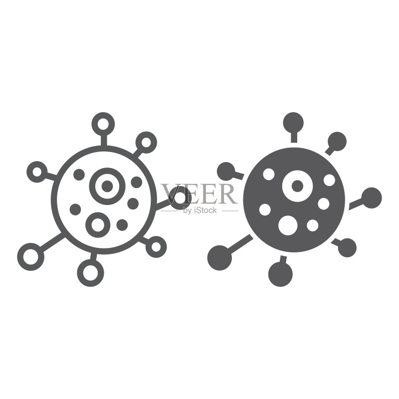 病毒线条和字形图标，细菌和生物学，微生物标志，白色背景上的线性图案图标素材
