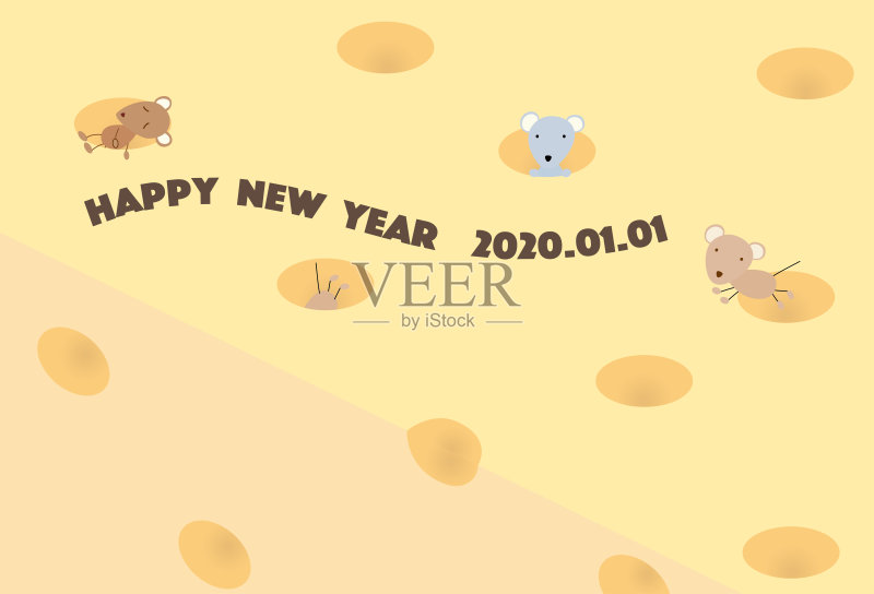 这是一张画有老鼠在玩奶酪的新年卡片。正版模板素材