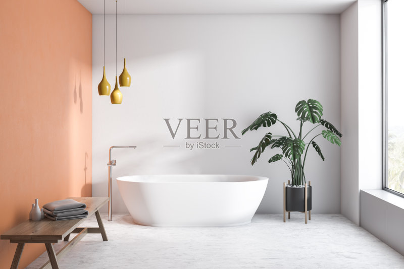 白色和橙色浴室，白色浴缸正版图片素材