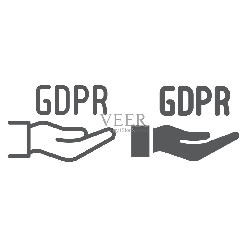 手上线条和字形图标上的GDPR，保护和安全，手臂标志，矢量图形，白色背景上的线性图案图标素材