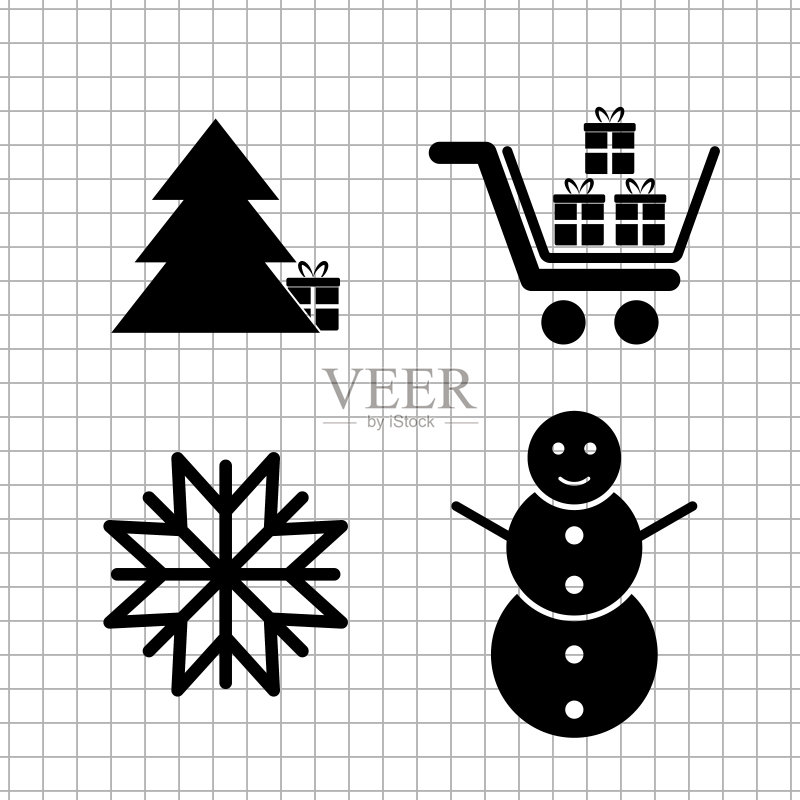 新年矢量图标集：树、雪人和礼物图标素材