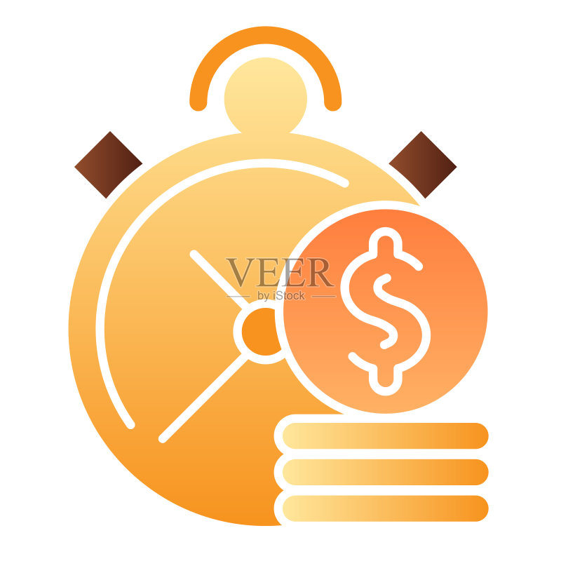 时间就是金钱扁平图标。时尚扁平风格的时钟和硬币彩色图标。为网络和应用程序设计的投资时间渐变风格设计。EPS 10图标素材