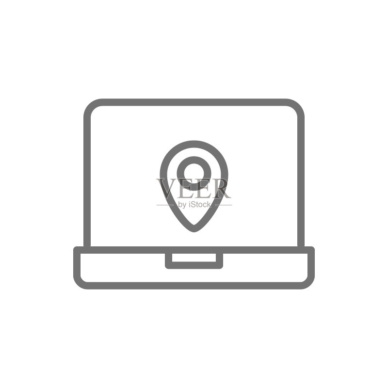 带有目的地标记、导航器、地理定位的笔记本电脑线性图标。图标素材