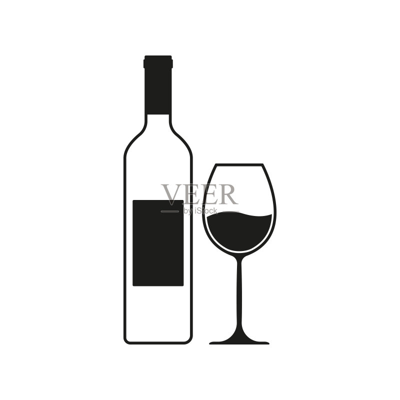 葡萄酒瓶与酒杯图标或轮廓，酒精饮料标志，矢量图图标素材