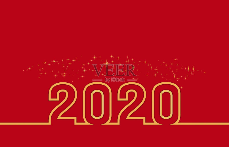 圣诞快乐和新年快乐2020贺卡，海报和横幅设计与金色文字和火花纸屑或烟花在红色背景。矢量图正版插画素材