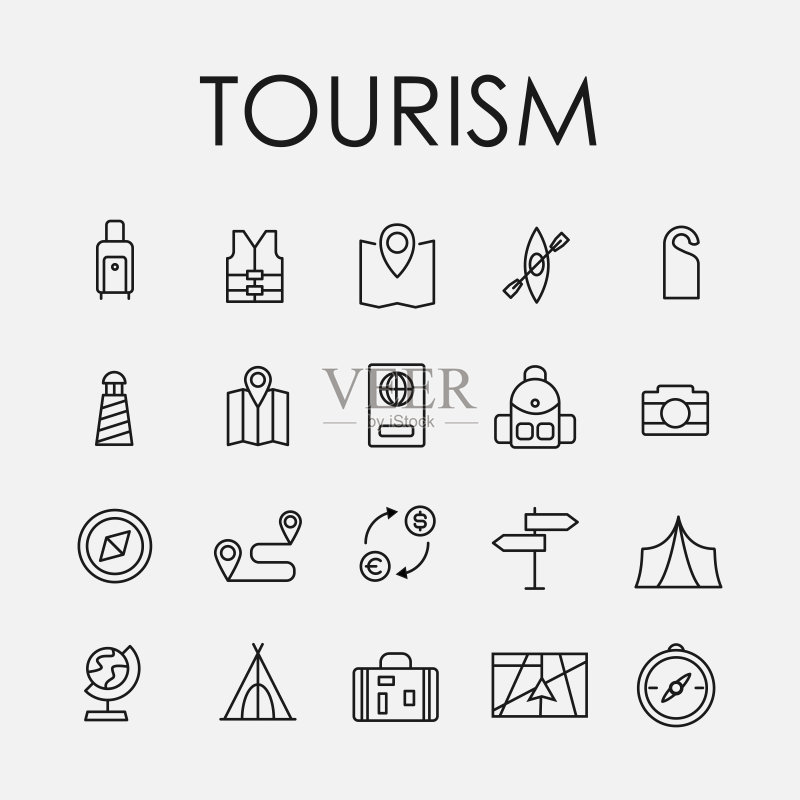 旅游相关线性图标的简约集合图标素材