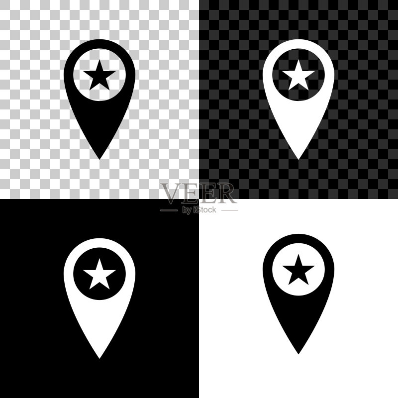 在黑色、白色和透明背景上隔离的带星标图标的地图指针，星标收藏夹图钉地图图标，地图标记，矢量插图图标素材