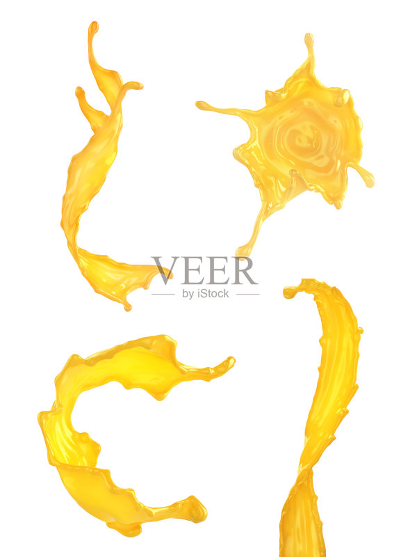 一组不同的溅橙汁孤立的白色背景。三维演示正版图片素材